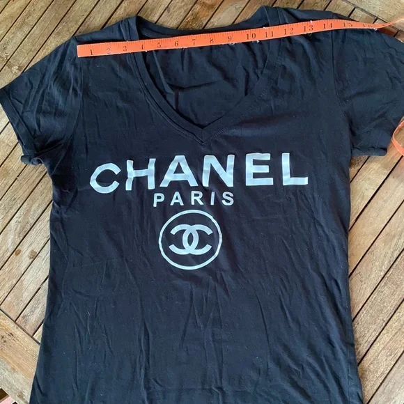 Chanel white logo on black V neck T-shirt. Size marked large, fits like sm/med. - Picture 4 of 6